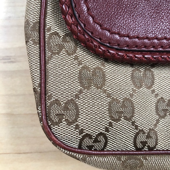 Gucci 🤎 Marrakech burgundy red leather & canvas shoulder bag w/ tassel - Picture 5 of 8